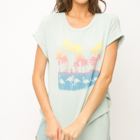 MYSTREE Mint Green Flamingo Graphic Tee, Tropical Palm Tree T-Shirt - Picture 1 of 5